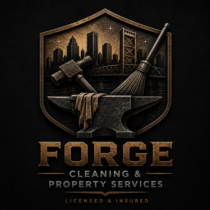 Forge Cleaning & Property Services crest — a forged shield with the Jacksonville skyline, a crossed hammer and broom over an anvil